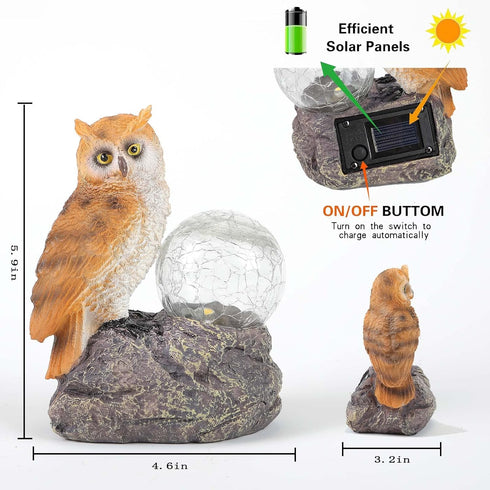 Solar Garden Statue Decor,Owl Standing On The Stone,Beside A Cracked Glass Ball with Warm Light,Polyresin for Patio, Lawn, Yard Art Decoration, Ho...