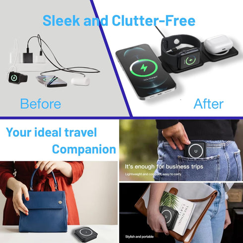 3-in-1 Foldable Magnetic Fast Charging Pad | MagSafe Wireless Travel Charger for Multiple Apple Products | iPhone 15/14/13/12/11 Plus Pro Max | iW...