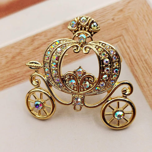 Stunning Gold Tone Opens AB Crystal Accent Pumpkin Carriage Pin Brooch Fair Tale Jewelry...