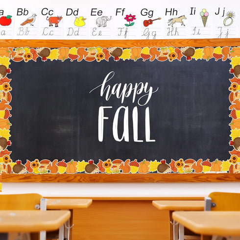 Whaline 66FT Fall Bulletin Board Borders Autumn Leaves Pumpkin Squirrel Hedgehog Sunflower Rain Boots Mushroom Border Trim Thanksgiving Bulletin B...