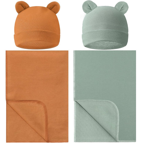 2 Sets Newborn Infant Swaddle Hat Infant Bear Ear Beanie Baby Receiving Blankets Newborn Swaddle Wrap Hospital Receiving Blankets for 0-6 Mouths U...