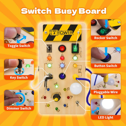 Montessori Switch Busy Board with LED Light - Montessori Toys for 1 2 3 4 Year Old, Wooden Toddler Busy Boards Light Switches Toy, Travel Educatio...