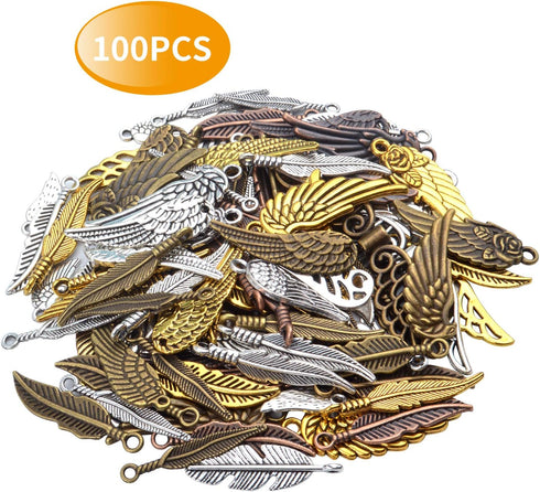 Aylifu 100 Pieces Mixed Colors alloy Angel Feather Wings Charms Pendants Jewelry Findings for DIY Necklace Bracelet...