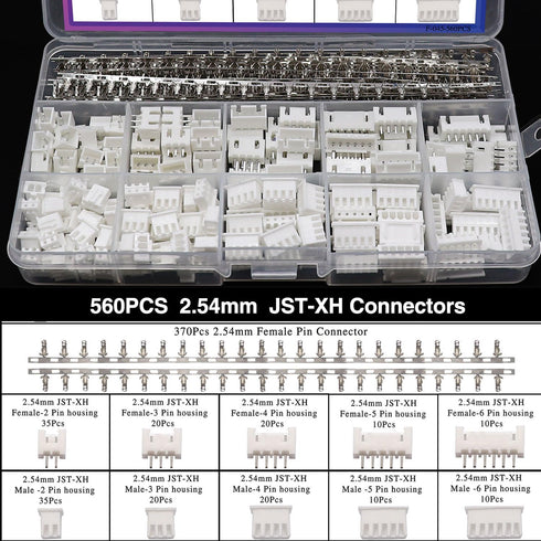 Taiss 560PCS 2.54mm JST-XH Connector Kit 2.54mm 2/3/4/5/6 Pin Housing Female and Male Adapter Cable Connector Plug,JST Connector Female Pin Head C...
