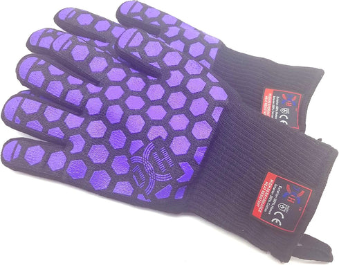J H Heat Resistant Oven Glove:EN407 Certified 932 °F, 2 Layers Silicone Coating, Oven Mitts for Cooking, Kitchen, Fireplace,Camping, Grilling (Bla...