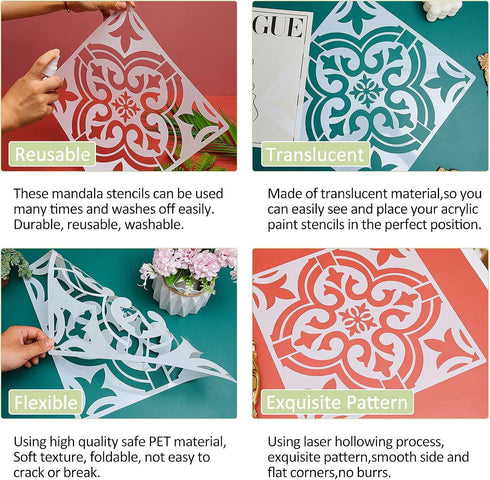 Mandala Reusable Stencil 12 x 12 Inches Wall Templates Tile Pattern Stencil Mandala Drawing Templates for DIY Scrapbooks Wall Floor Home Decors (6...