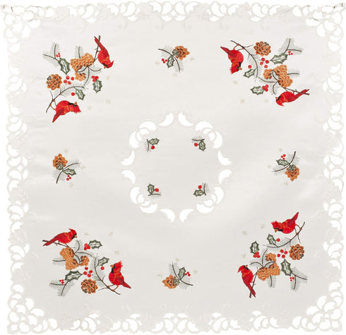 Embroidered Christmas Red Cardinals and Pine Cones on Ivory Table Topper, Small Tablecloth (33 Inch Square)...