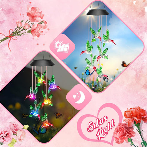 Winzwon Birthday Gifts for Women Mom Grandma, Solar Hummingbird Wind Chimes for Outside Solar Lights Outdoor Decor Hanging Mobile Garden Yard Pati...
