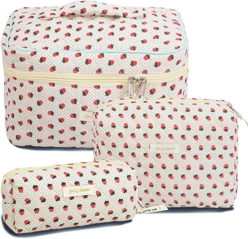 3Pcs Cotton Quilted Makeup Bag Large Travel Cosmetic Bag Coquette Makeup Pouch Cute Aesthetic Floral Toiletry Bag for Women Girls (Strawberries)...