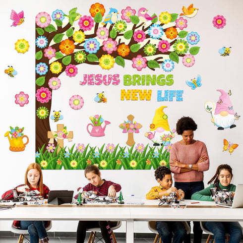 Zonon 114 Pcs Christian Spring Classroom Bulletin Board Decorations Flower Tree Bulletin Board Set Religious Spring Cutouts for Sunday School Kids...