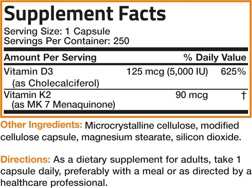 Bronson Vitamin K2 (MK7) with D3 Supplement Bone and Heart Health Non-GMO Formula 5000 IU Vitamin D3 & 90 mcg Vitamin K2 MK-7 Easy to Swallow Vita...