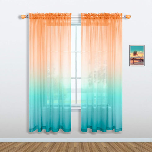 Orange and Green Curtains 63 Inch Length for Bedroom Decor Set 1 Panel Pocket Window Sheer Drape Semi Transparent Sea Turquoise Ombre Sunset Curta...