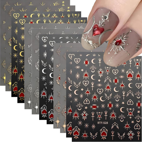 12 Sheets Star Nail Stickers for Nail Art 3D Self-Adhesive Nail Art Stickers Gold Silver Sun Moon Heart Nail Art Design Decoration Accessories for...