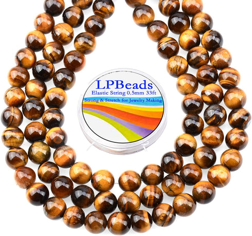 LPBeads 80Pcs Polished 10mm Round Natural Yellow Tiger Eye Gemstone Loose Beads with Stretch Cord for Jewelry Making Bracelets...