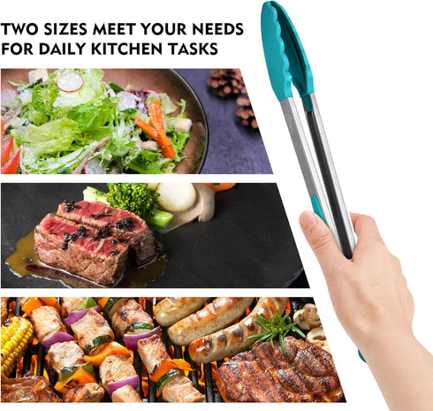 HOTEC Premium Stainless Steel Locking Kitchen Tongs with Silicon Tips, Set of 2-9" and 12", Blue...