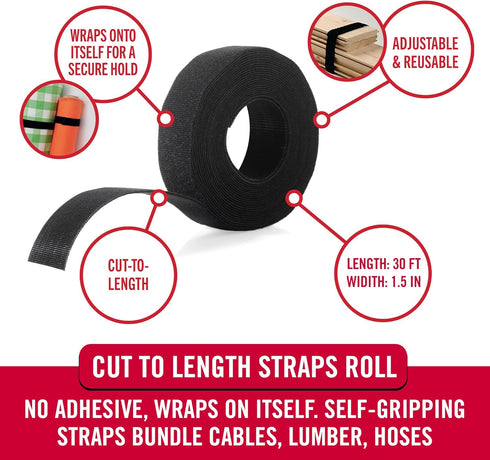 VELCRO Brand ONE-WRAP Roll Black | 30 Ft x 1-1/2 In | Reusable Self-Gripping Hook and Loop Tape | Cut Straps to Bundle Tie Materials and Tools in ...
