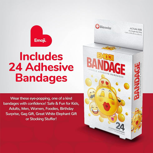 BioSwiss Bandages, Emoji Shaped Self Adhesive Bandage, Latex Free Sterile Wound Care, Fun First Aid Kit Supplies for Kids, 24 Count...