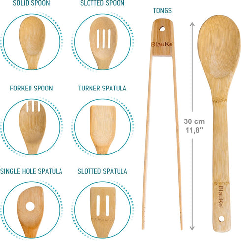 Wooden Spoons for Cooking 7-Pack – Bamboo Kitchen Utensils Set for Nonstick Cookware - Wooden Cooking Utensils Set, Wood Spatula Spoon Tongs...