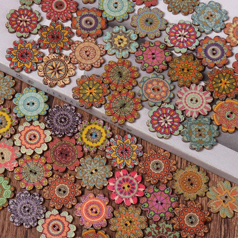 AKOAK 100 Pieces of Wooden Buttons Simple Retro Style Sunflower Buttons Classical Pattern Design Cartoon Children Decorative Buttons (15 MM)...