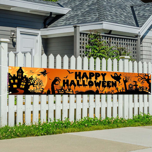 Avezano Happy Halloween Banner Large 98.4 x19.6 Inch Yard Sign Banner Black and Orange Halloween Party Decorations Welcome Hanging Flag Outdoor Fe...