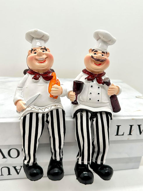 Set of 2 Home Kitchen Decor Chef Figurines Bread & Wine with Dangling Legs Shelf Sitters Figurine Statue for Kitchen Shelves, Cupboard, Countertop...