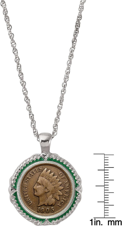 American Coin Treasures Indian Head Penny Green Enamel Coin Pendant Necklace...