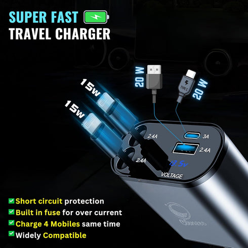 Retractable Car Charger 4 in 1 Fast Car Phone Charger - 66W with 2 Retractable Lightning Cords, USB-A & USB-C Ports to Rapidly Charge 4 Devices at...