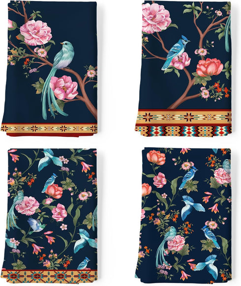 Retro Bird Flowers Tea Towels, 100% Cotton Kitchen Towel Set 20×27.5inch, Multi-Purpose Quick Dry Dish Towels Dishcloths Hand Towels Bar Towels(Se...