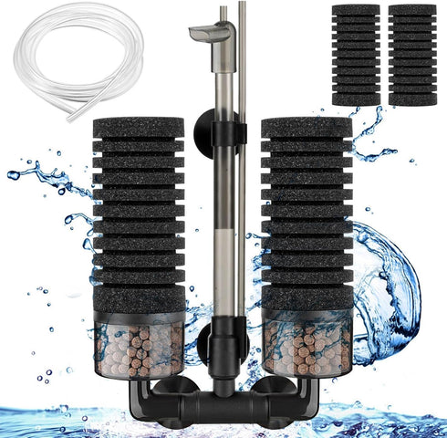 Aquarium Sponge Filter for 10-20 Gallon Fish Tank, Double Sponge with Ceramic Media Ball, for Fry Betta Shrimp Nano Tank,with 2 Spare Sponges and ...