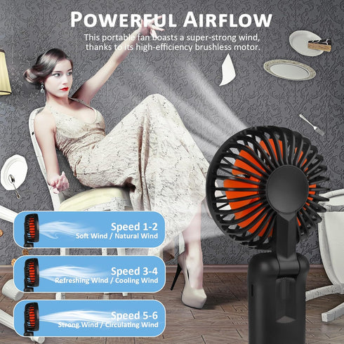 Portable Handheld Fan, Mini Desk Fan Rechargeable with LED Display, 180° Foldable Personal Fan with Lanyard as Neck Fan, Strong Wind and 6 Speed f...