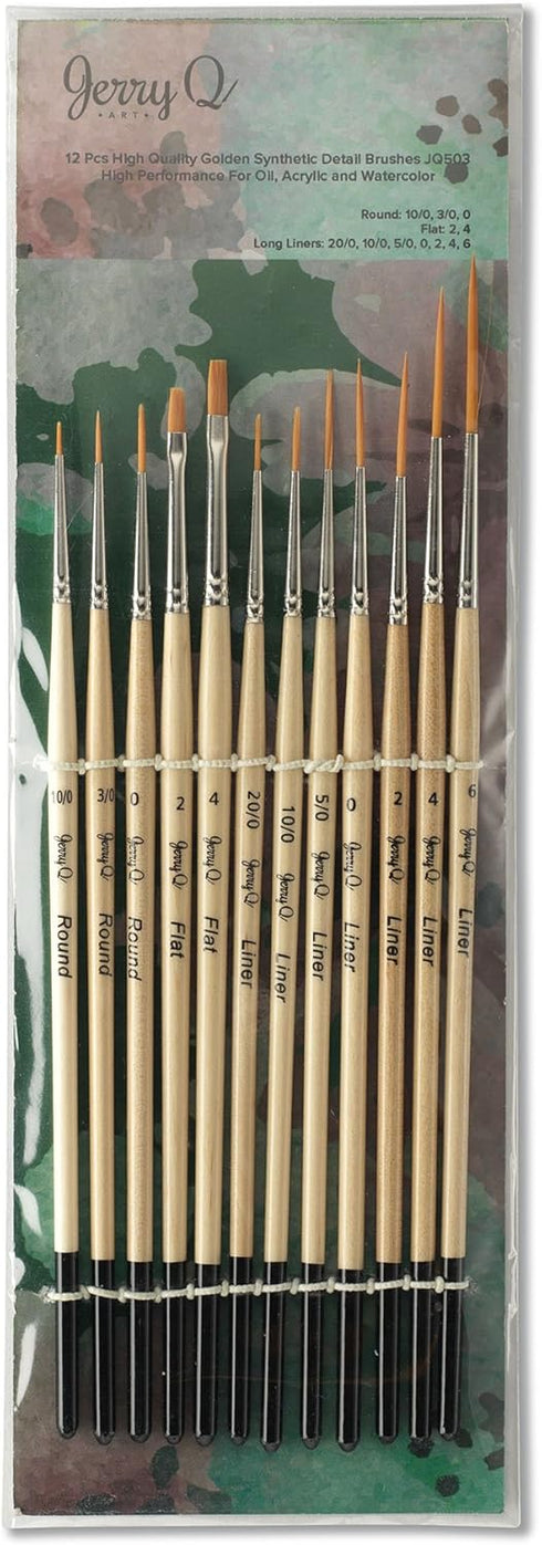 Jerry Q Art 12 Pcs Detail Paint Brushes, Golden Synthetic Hair, High Performance for Oil, Acrylic and Watercolor JQ-503...