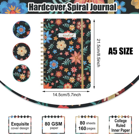 EOOUT Spiral Notebook, A5 Hardcover Spiral Journal for Women, 5.7x8.5 Inches, 160 pages, Cute Floral Notebook, Lined Journal for Gifts Office Scho...