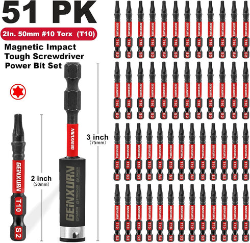 51Pieces T10 Impact Tough Magnetic Screwdriver Bit Set, 1 In. #10 Torx Head Power Bit Set, S2 Alloy Steel T10 Star Bit with 1Pcs Impact Bit Holder...