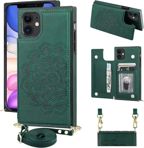KIHUWEY 11 Crossbody Wallet Case with Card Slots, Embossed Mandala Pattern Flower Wrist Strap Protective Kickstand Shoulder Cross Cover Case 6.1 I...