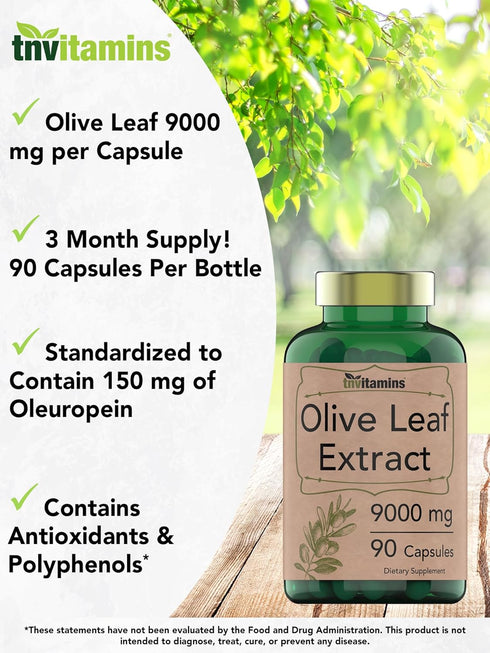 Olive Leaf Extract Capsules 9000 MG (90 Capsules) | Standardized to Contain 150 mg Oleuropein | Antioxidant with Polyphenols | Non-GMO. Produced &...