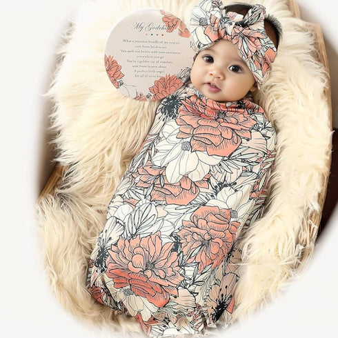Galabloomer Newborn Receiving Blanket Headband Set Baby Flower Swaddle (cocal almond)...