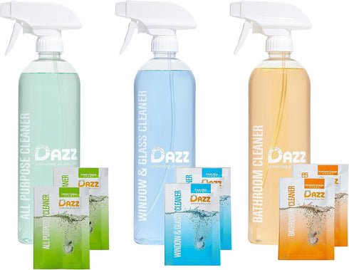 DAZZ Whole House Starter Kit (3 Reusable Spray Bottles, 6 Refills) Natural All Purpose Cleaner, Glass and Window Cleaner, and Bathroom Cleaner - E...