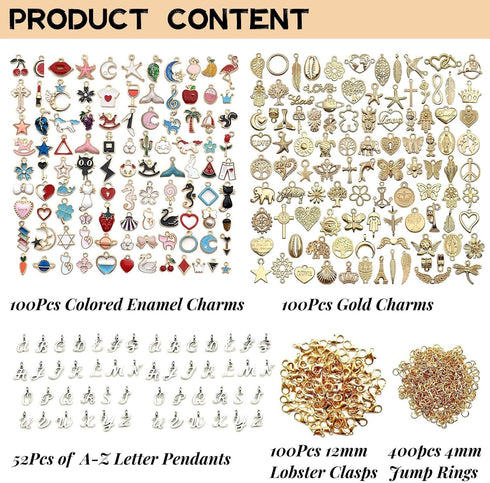 CellLuck 200Pcs Mixed Gold Plated Enamel Charms for Jewelry Making - Also Includes 52Pcs Letter Pendants, 400Pcs Jump Rings and 100Pcs Lobster Cla...
