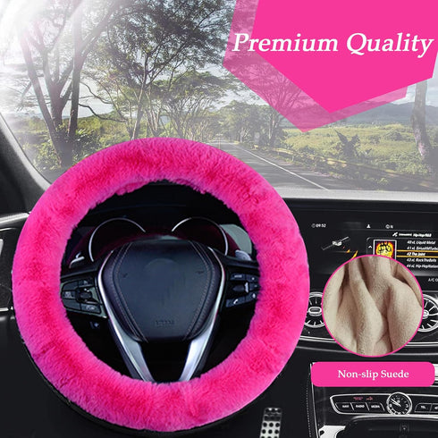 Fluffy Steering Wheel Cover for Women & Girls,Soft Furry Steering Wheel Cover Warm Fuzzy Steering Wheel Cover Non-Slip Universal Fit 15 Inch (Rose...