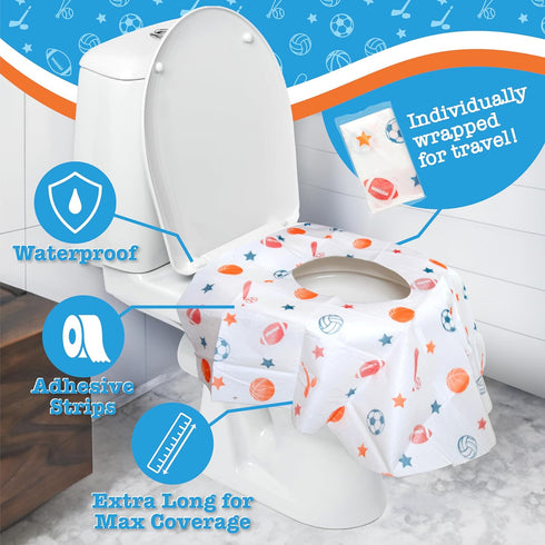 Toilet Seat Covers Disposable (6 Pack, Sports) - XL Waterproof Toilet Cover for Toddlers, Kids & Adults - Portable & Individually Wrapped for Trav...