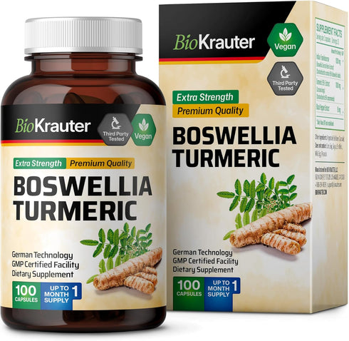 BIO KRAUTER Turmeric Supplement with Boswellia Extract Capsules - 2000 mg Blend - 100 Count - Vegan Boswellia Turmeric (Curcumin) - Formula w/Blac...