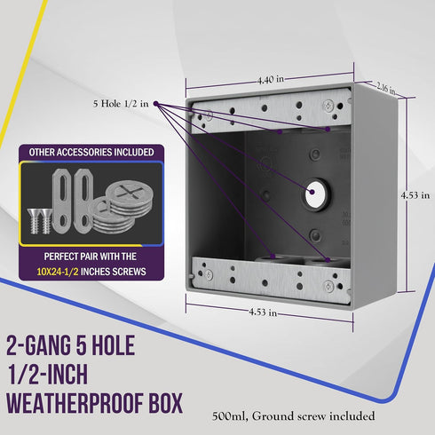 ENERLITES Weatherproof Outlet Box with Five 1/2-in Threaded Outlets, Outdoor Electrical Box, 5 Holes 0.50” Each, 2-Gang, 4.53” Height x 4.53” Leng...