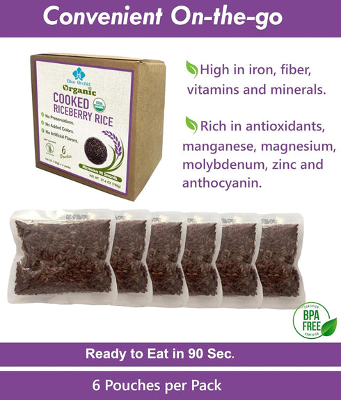 Organic Cooked Thai Riceberry Rice - Steamed Rice Microwaveable Pouch from Thailand - Superfood Healthy Ready to Eat 6 x 4.6 oz (Riceberry 6 Pouch...