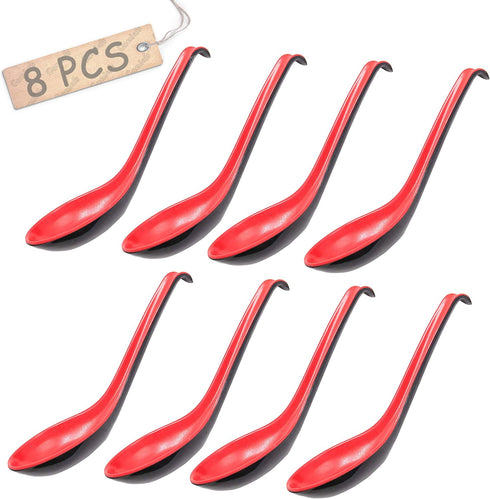 Comicfs Asian Soup Spoons - 8 Piece Set, Large Japanese Soup Spoons for Soba, Rice, Pho, Ramen, Won Ton, Hook Style (Red & Black)...