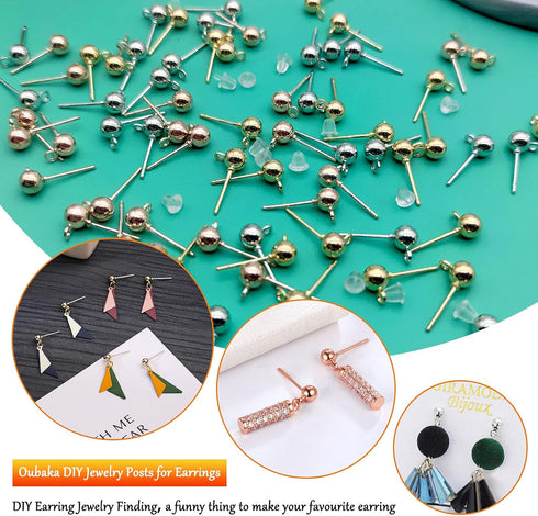 600Pcs Ball Post Earring Studs Set for Jewelry Making,300Pcs Earring Studs Ball Ear Pin Ball Post Earrings with Loop with 300Pcs Rubber Earring Ba...