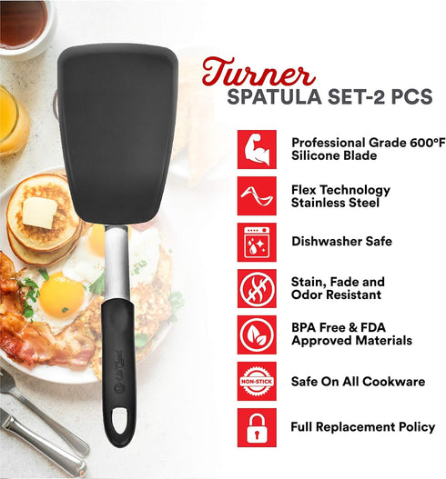 UpGood Silicone Turner Set 600ºF Heat Resistant - Large & Small Kitchen Spatulas with Tapered Edges & Flexible Stainless Steel - Cooking Utensil f...