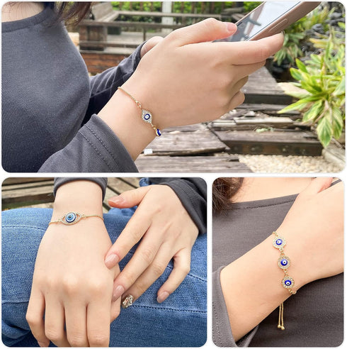 4 Pack Evil Eye Bracelets Pack for Women 14K Gold Plated Blue Evil Eye String Protection Bracelet Aesthetic Jewelry...