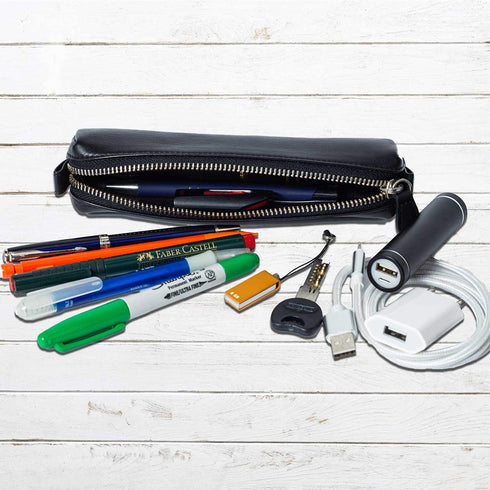 Leather Zippered Fountain Ballpoint Rollerball Pens and Pencils Case Holder Pouch Genuine Full Grain Soft Nappa Leather (Black)...