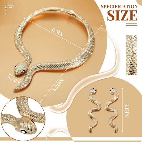 Fumete Gold Snake Choker Necklace and Snake Studs Earrings Set Snake Earrings for Woman Snake Jewelry Costume Set Costume Statement Snake Shape Co...