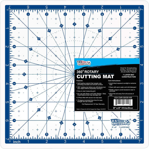 U.S. Art Supply 8" x 8" Rotary WHITE/BLUE High Contrast Professional Self Healing 7-Layer Durable Non-Slip Cutting Mat Great for Scrapbooking, Qui...